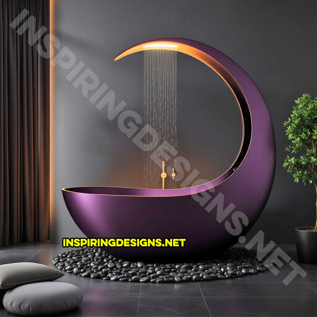 crescent moon bathtub in a purple color design with a shower feature and light