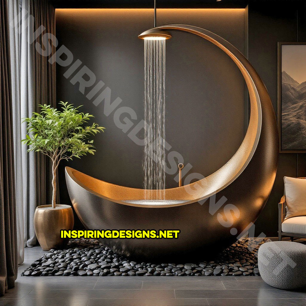 crescent moon bathtub in a dark gold color design with a shower feature and light