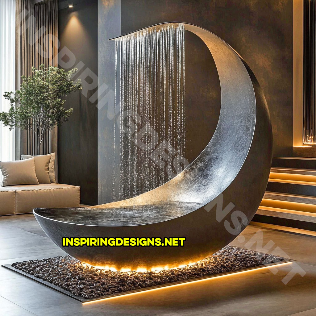 crescent moon bathtub in a dark grey color design with a shower feature