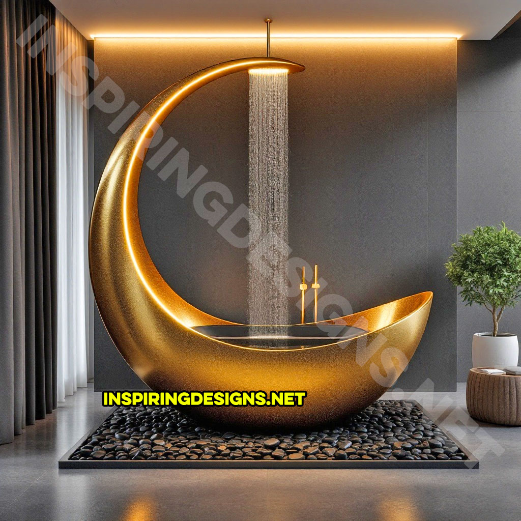 crescent moon bathtub in a gold color design with a shower feature