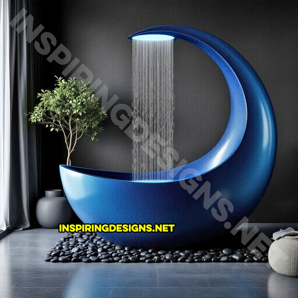 crescent moon bathtub in a bright blue color design with a shower feature and light