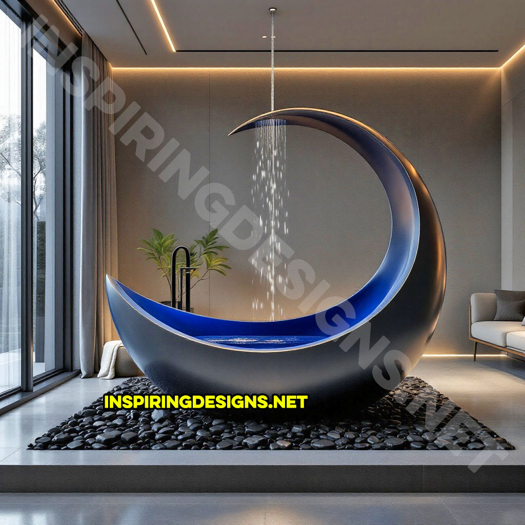 crescent moon bathtub in a blu and black color design with a shower feature