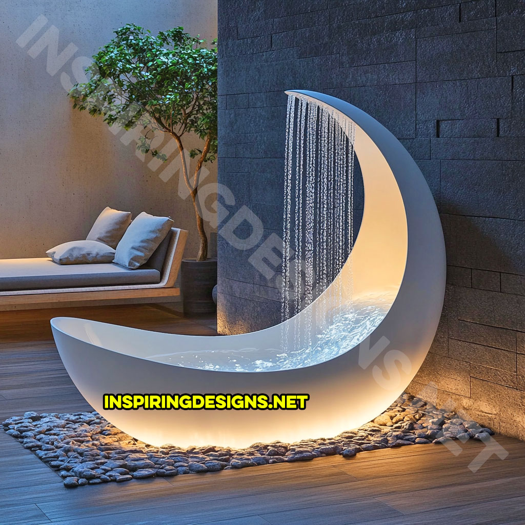 crescent moon bathtub in a white color design with a shower feature