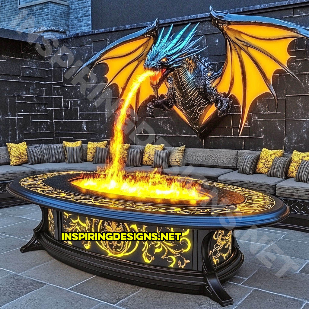 wall mounted fire-breathing dragon fire table for a patio in a yellow and black color