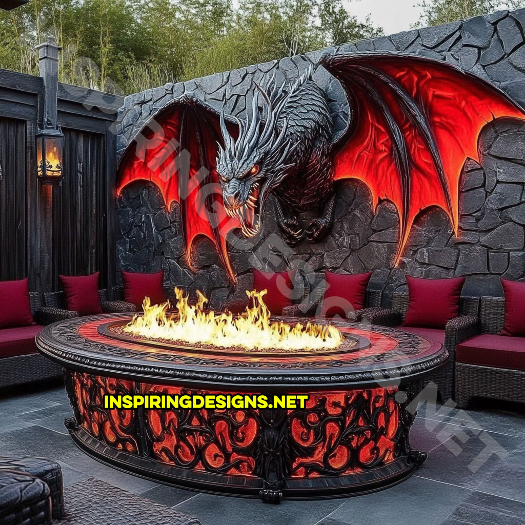 wall mounted fire-breathing dragon fire table for a patio in a red and black color