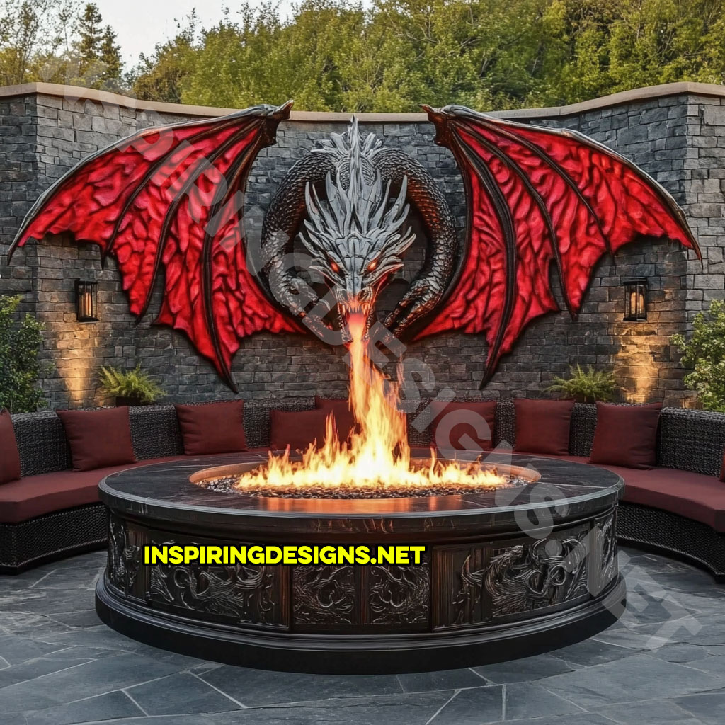 wall mounted fire-breathing dragon fire table for a patio in a red and black color