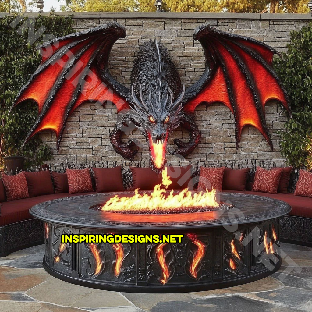 wall mounted fire-breathing dragon fire table for a patio in a red and black color