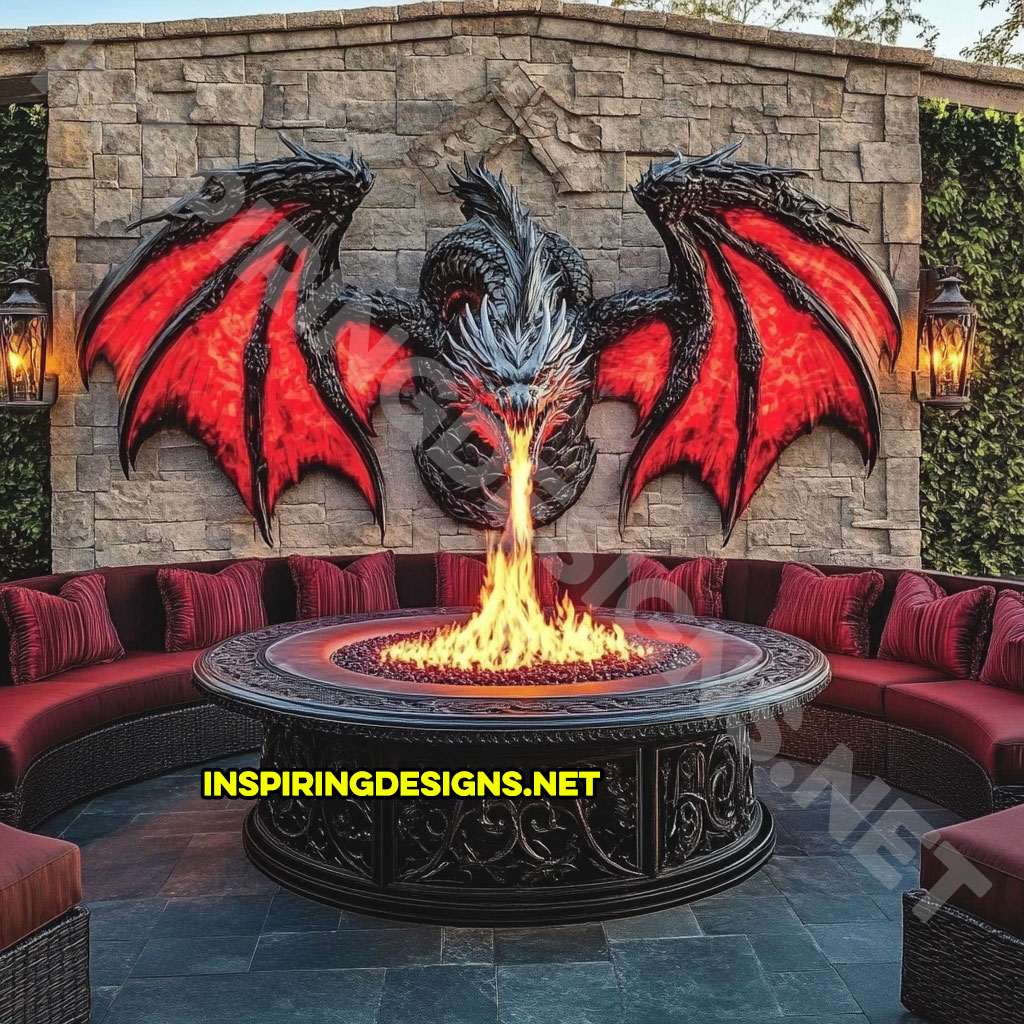 wall mounted fire-breathing dragon fire table for a patio in a red and black color