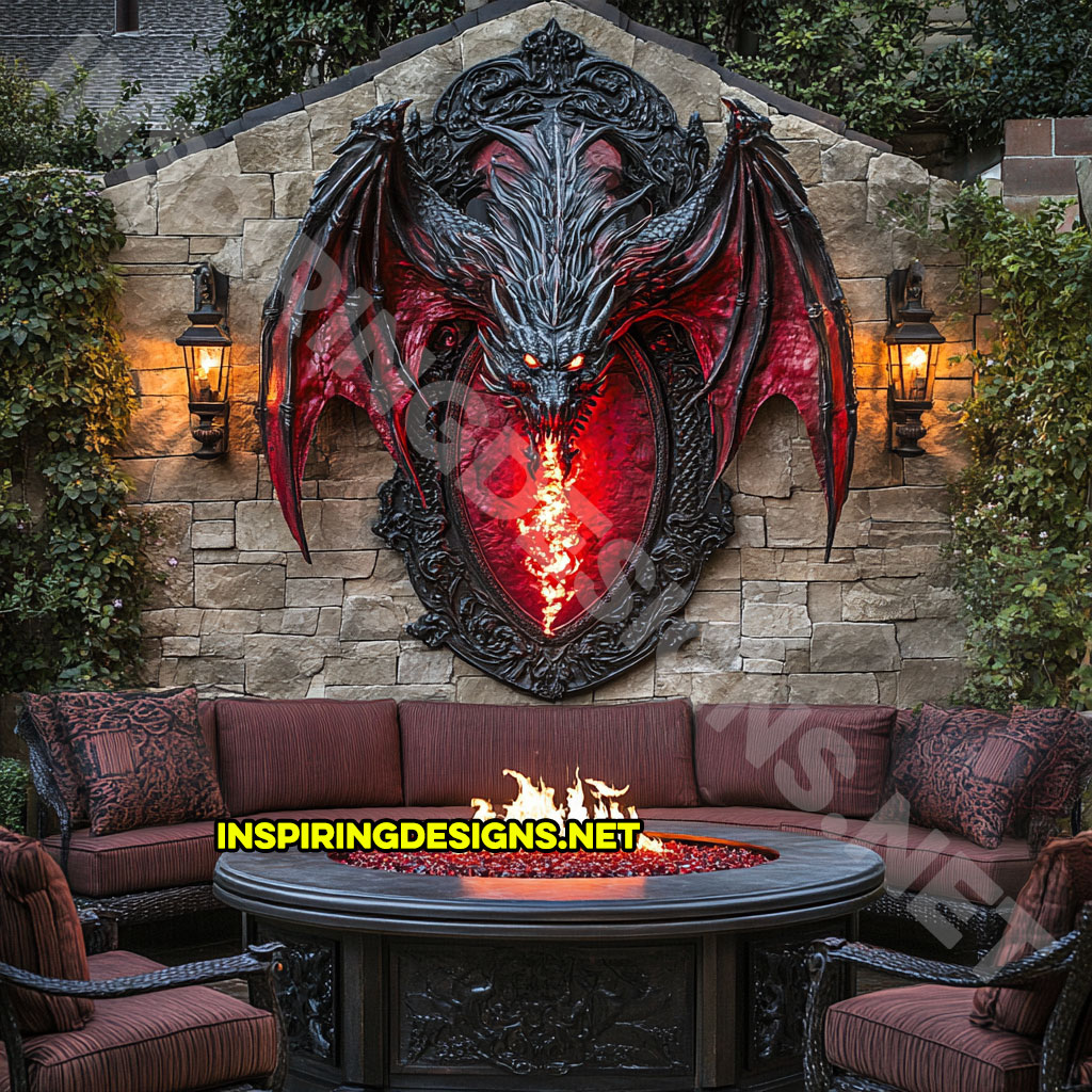 wall mounted fire-breathing dragon fire table for a patio in a red and black color