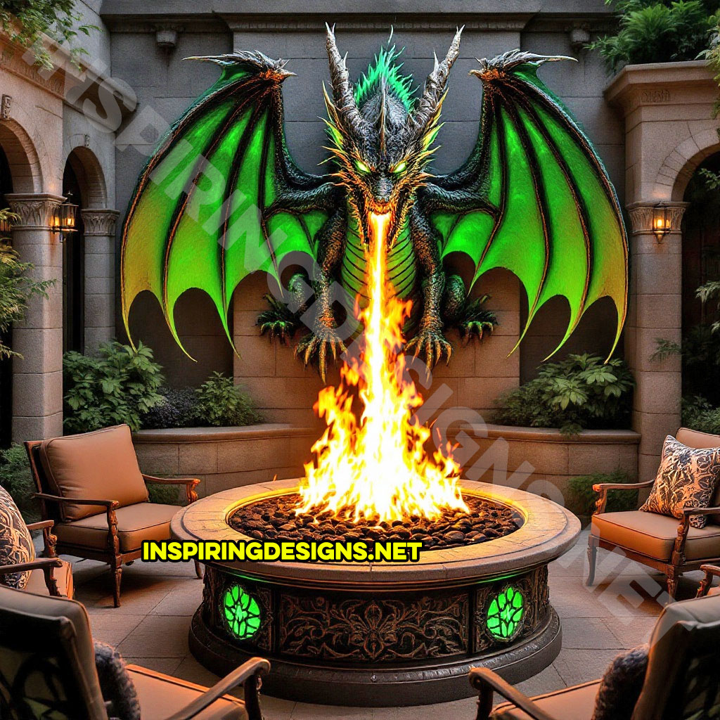 wall mounted fire-breathing dragon fire table for a patio in a green and black color