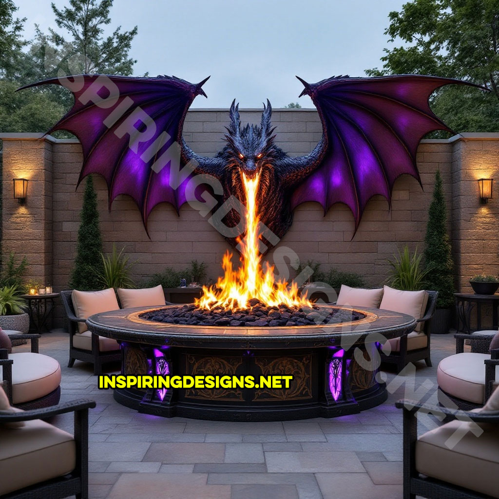 wall mounted fire-breathing dragon fire table for a patio in a purple and black color