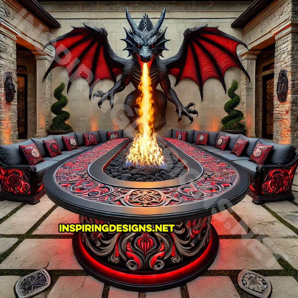 wall mounted fire-breathing dragon fire table for a patio in a red and black color