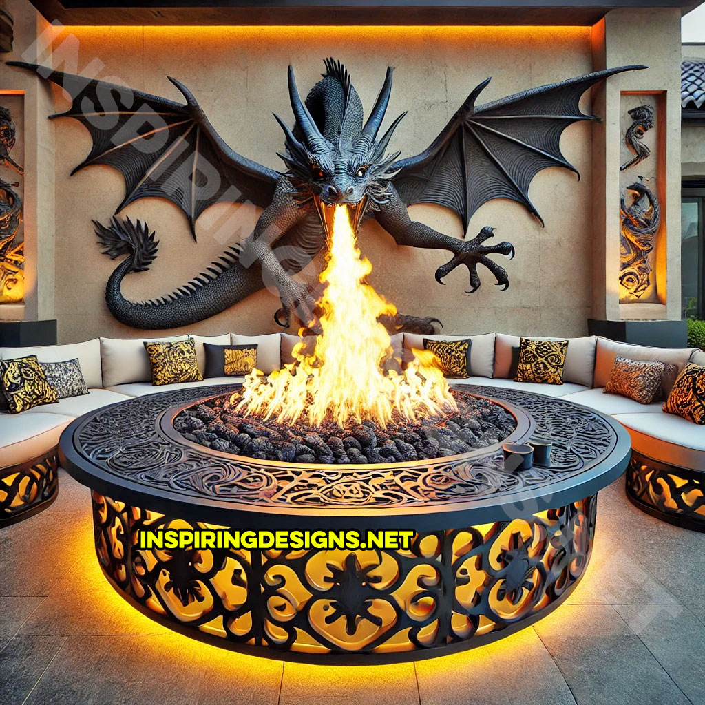 wall mounted fire-breathing dragon fire table for a patio in a yellow and black color