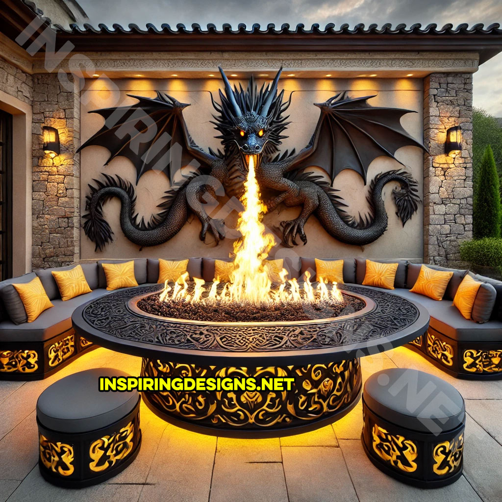 wall mounted fire-breathing dragon fire table for a patio in a yellow and black color