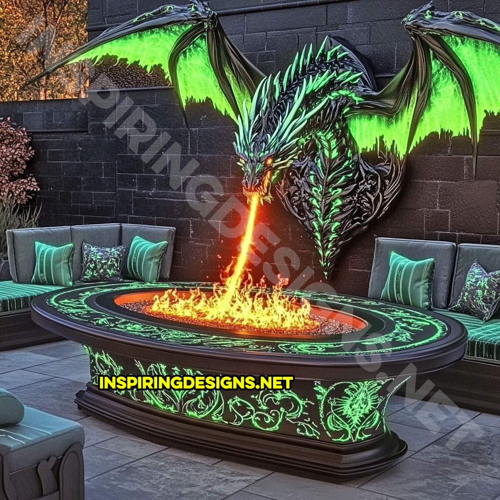 wall mounted fire-breathing dragon fire table for a patio in a green and black color