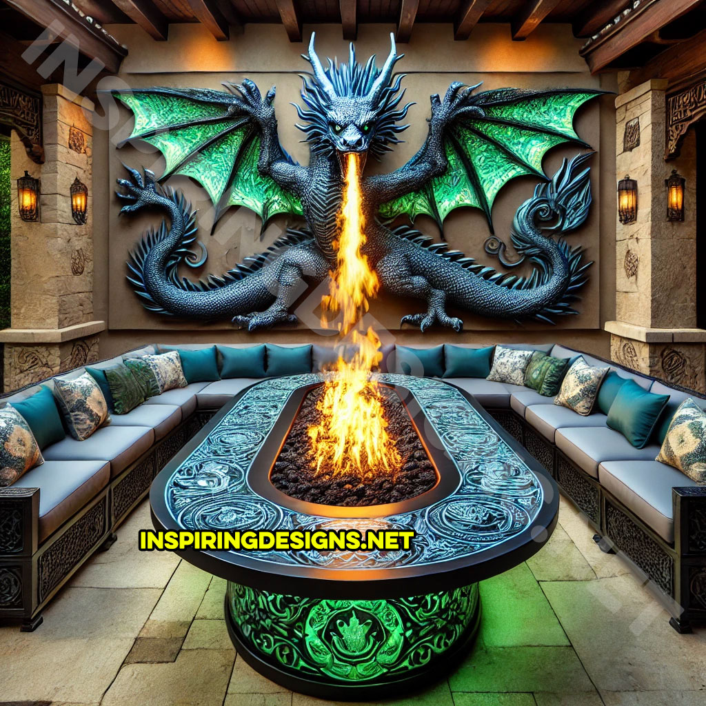 wall mounted fire-breathing dragon fire table for a patio in a green and black color