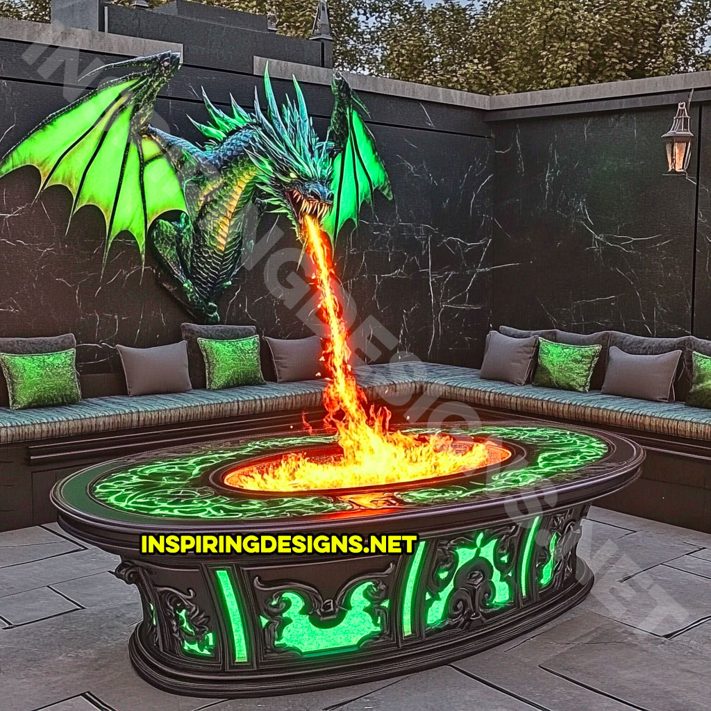 wall mounted fire-breathing dragon fire table for a patio in a green and black color