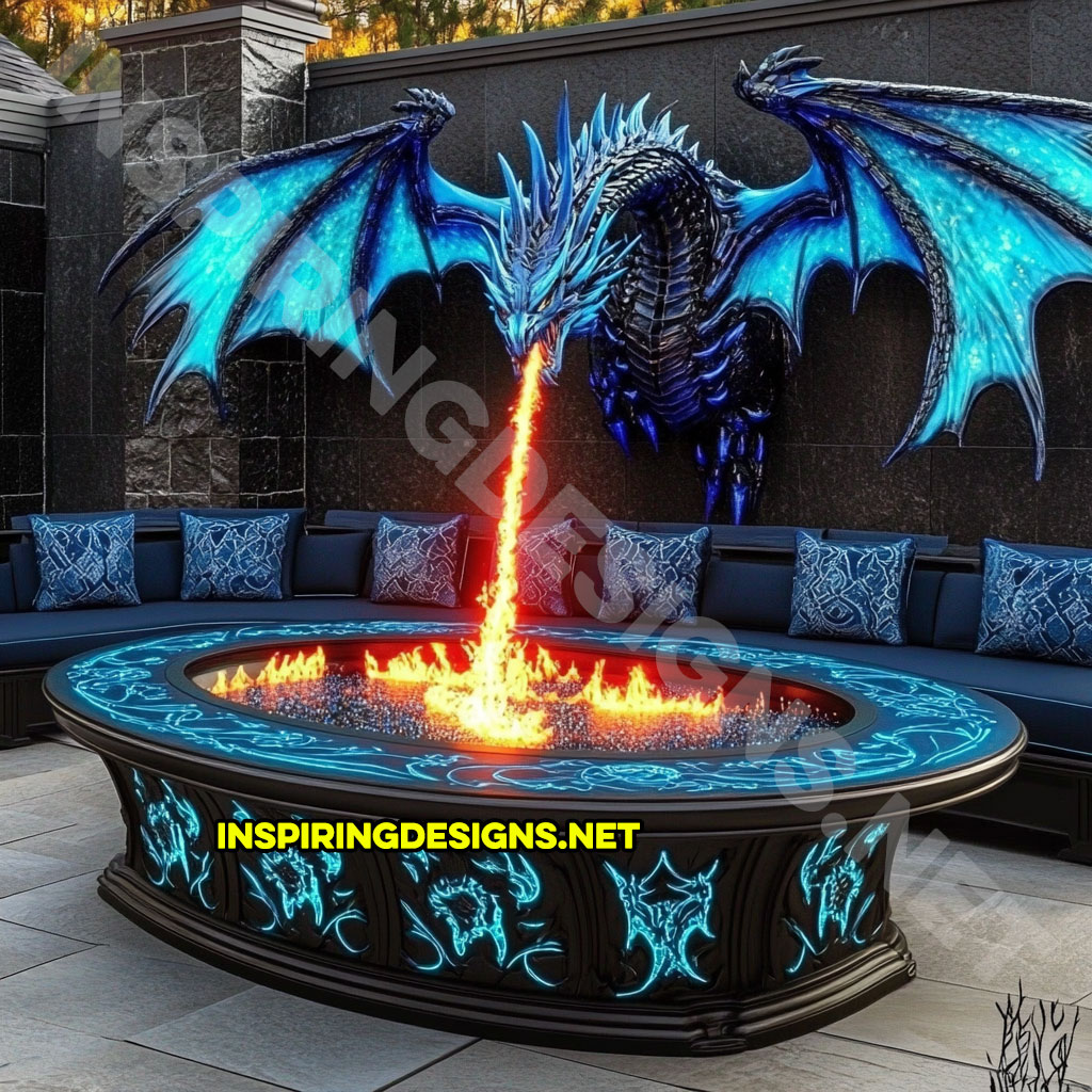 wall mounted fire-breathing dragon fire table for a patio in a blue and black color