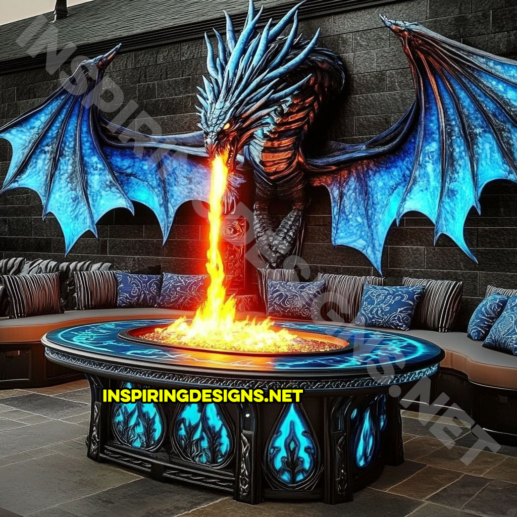 wall mounted fire-breathing dragon fire table for a patio in a blue and black color