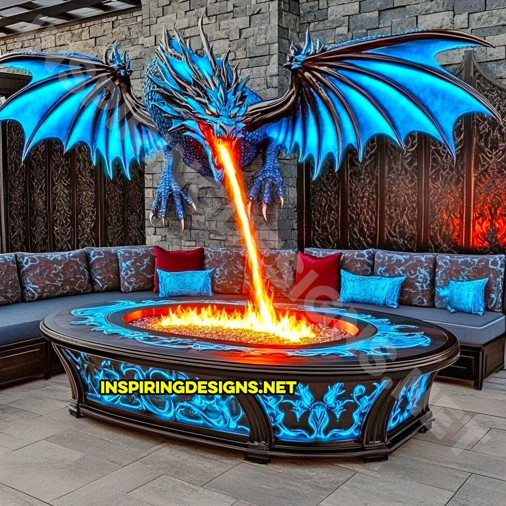 wall mounted fire-breathing dragon fire table for a patio in a blue and black color