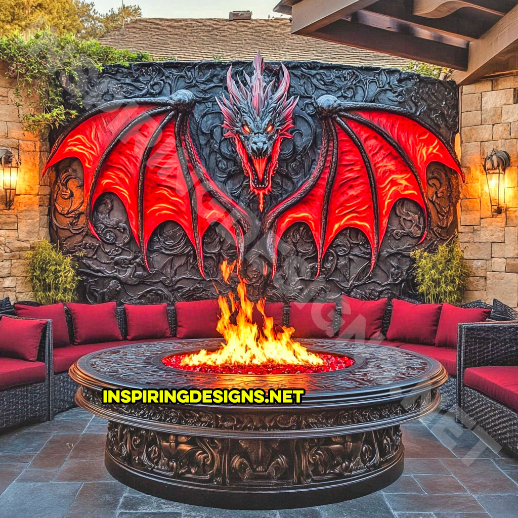 wall mounted fire-breathing dragon fire table for a patio in a red and black color