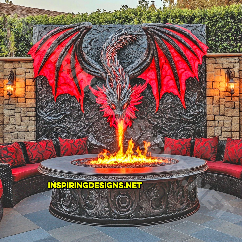 wall mounted fire-breathing dragon fire table for a patio in a red and black color