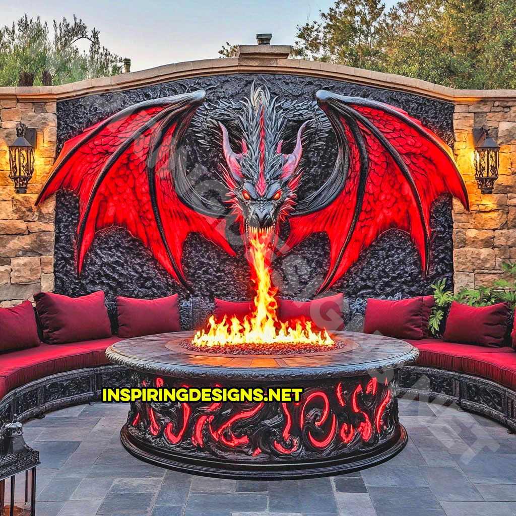 wall mounted fire-breathing dragon fire table for a patio in a red and black color