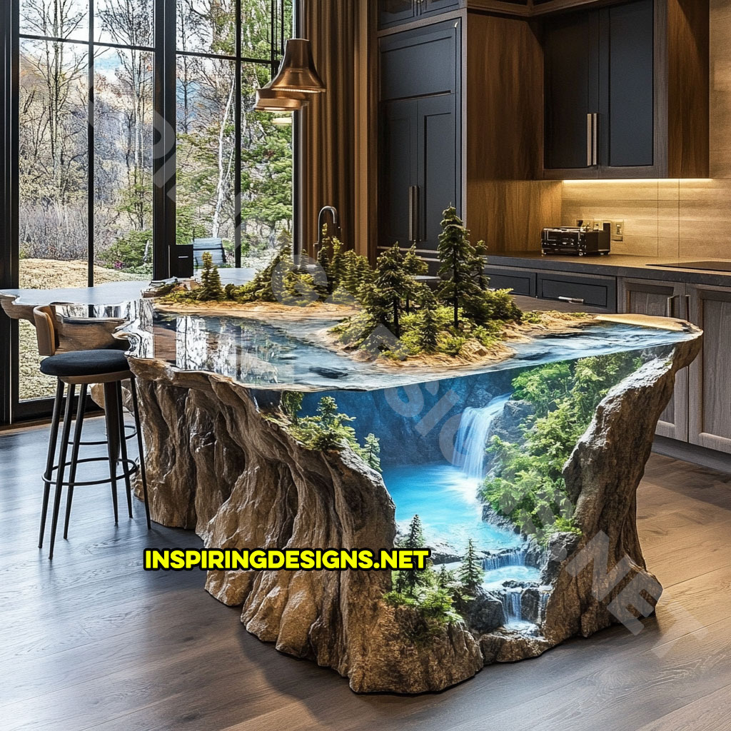 epoxy nature scene kitchen island with a lake and forest