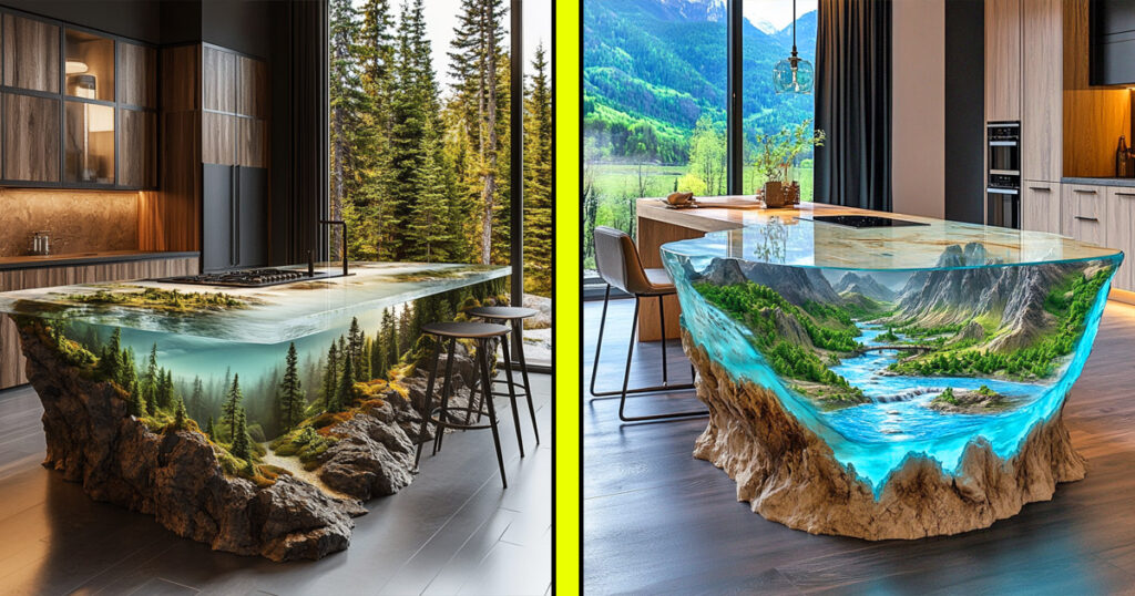 Epoxy nature scene kitchen islands