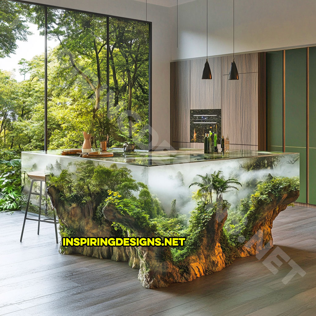 epoxy nature scene kitchen island with a foggy jungle