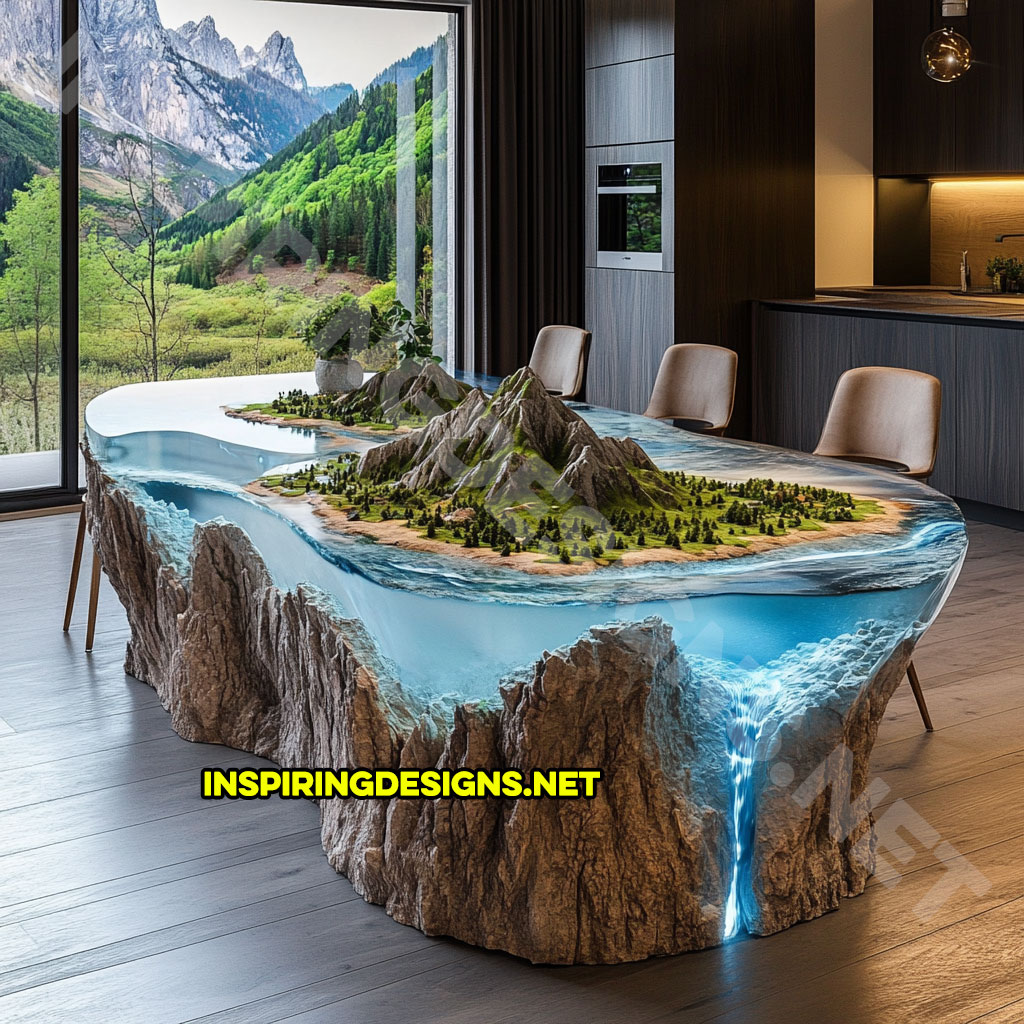 epoxy nature scene kitchen island with a cave and mountain