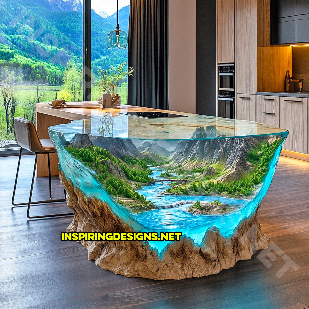 epoxy nature scene kitchen island with a canyon river