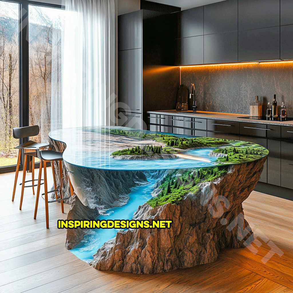 epoxy nature scene kitchen island with a canyon river