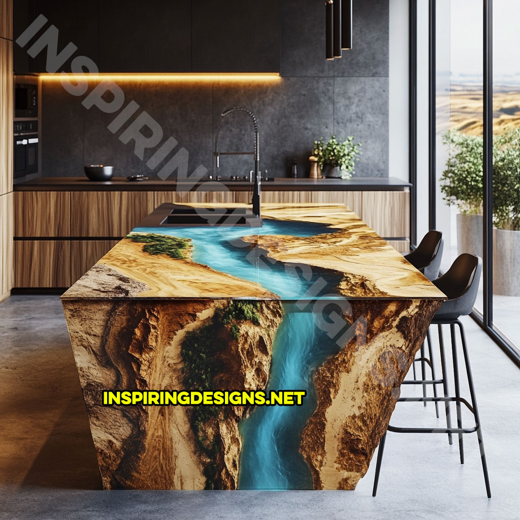 epoxy nature scene kitchen island with a river