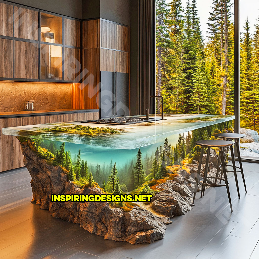 epoxy nature scene kitchen island with a forest