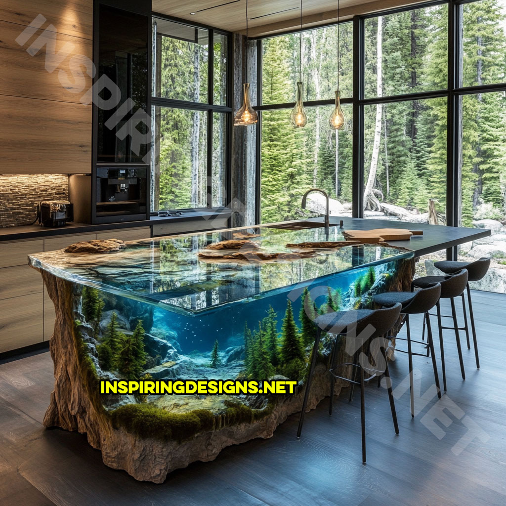 epoxy nature scene kitchen island with an underwater forest