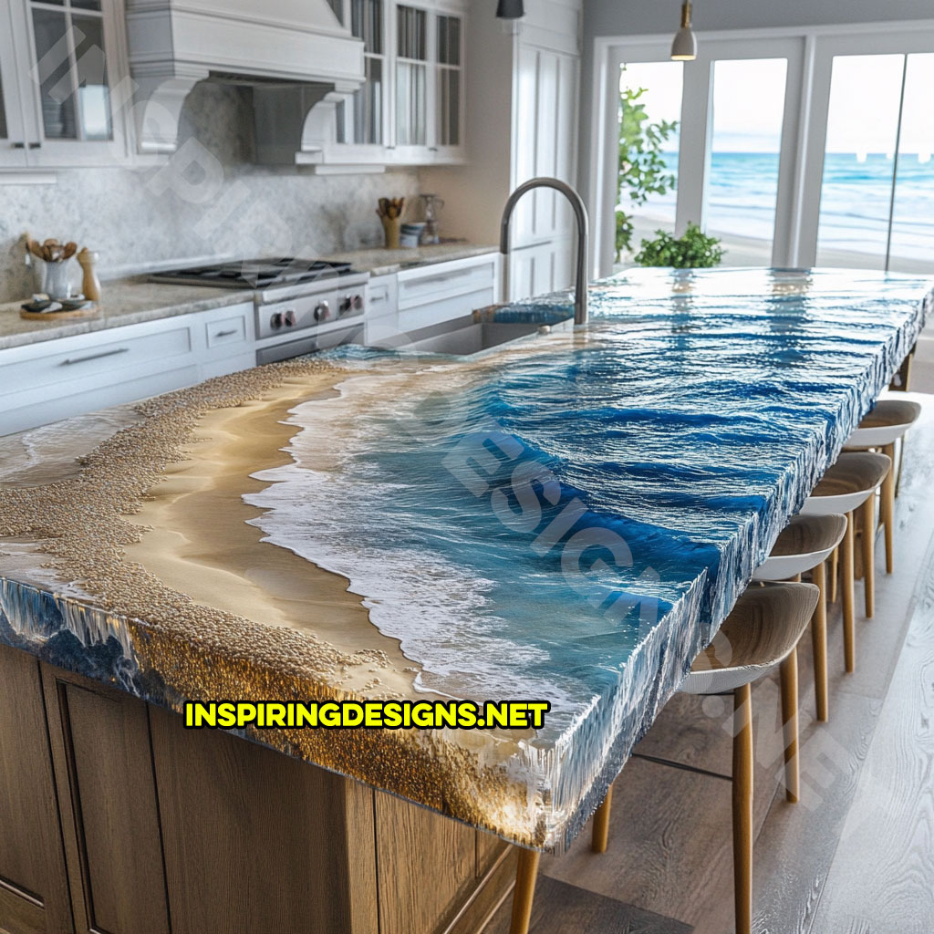 epoxy nature scene kitchen island with a beach