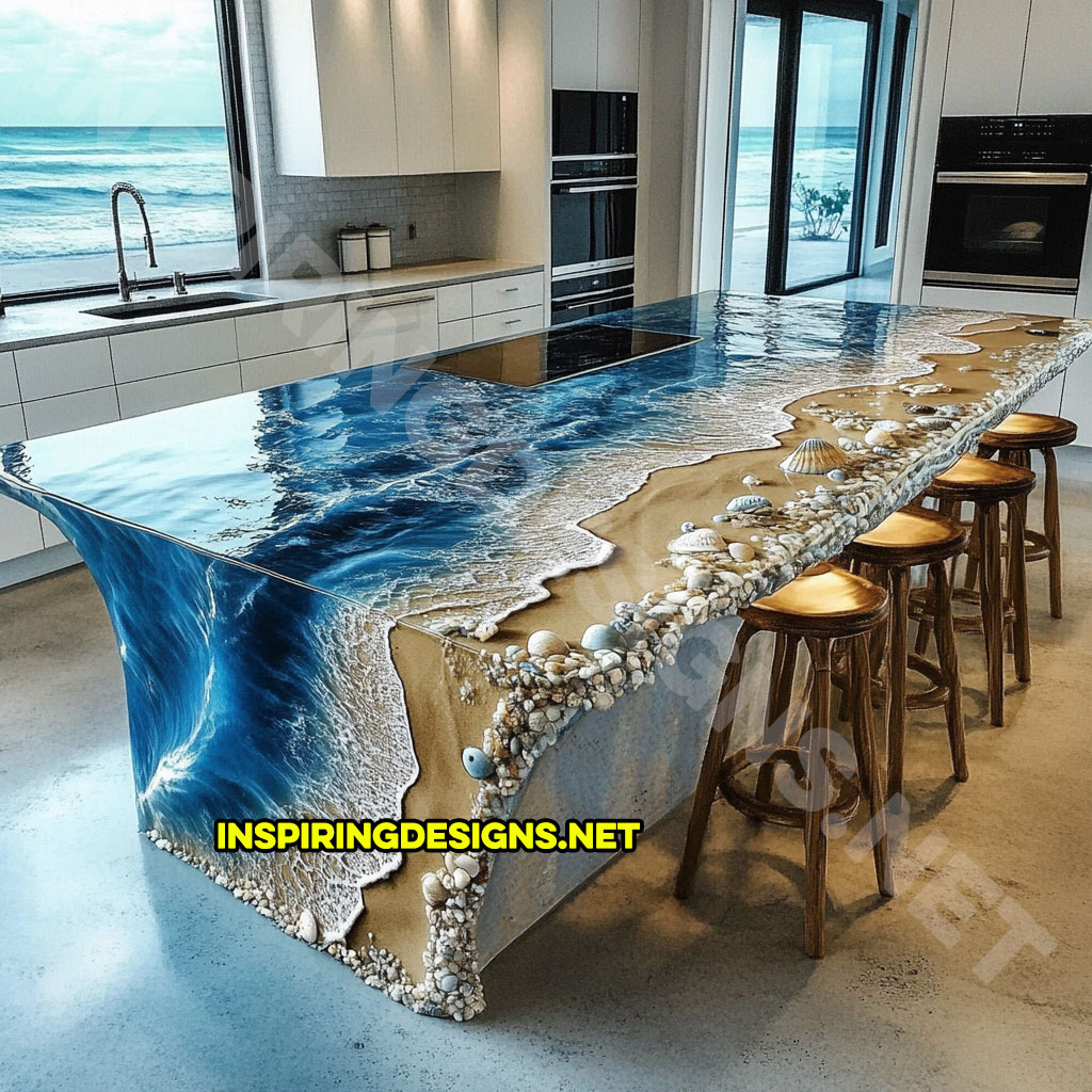 epoxy nature scene kitchen island with a beach scene