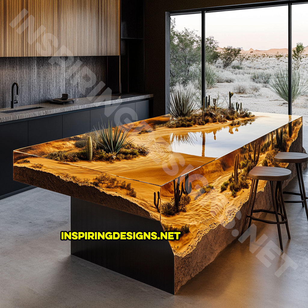 epoxy nature scene kitchen island with a desert