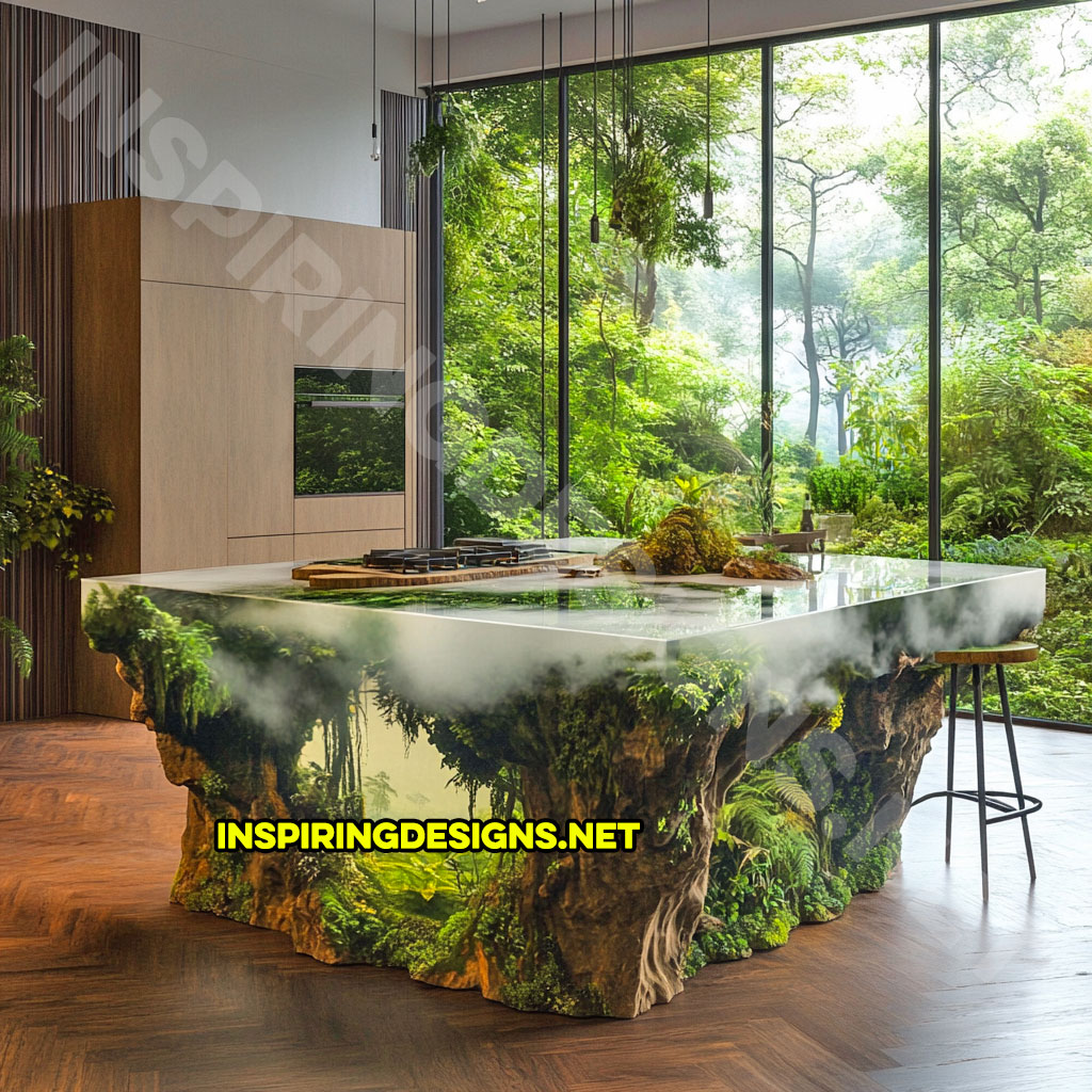 epoxy nature scene kitchen island with a foggy jungle