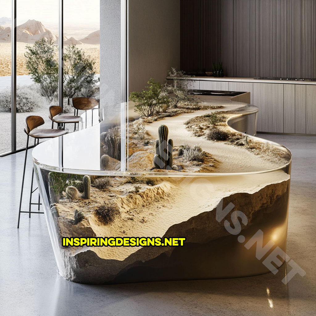 epoxy nature scene kitchen island with a desert