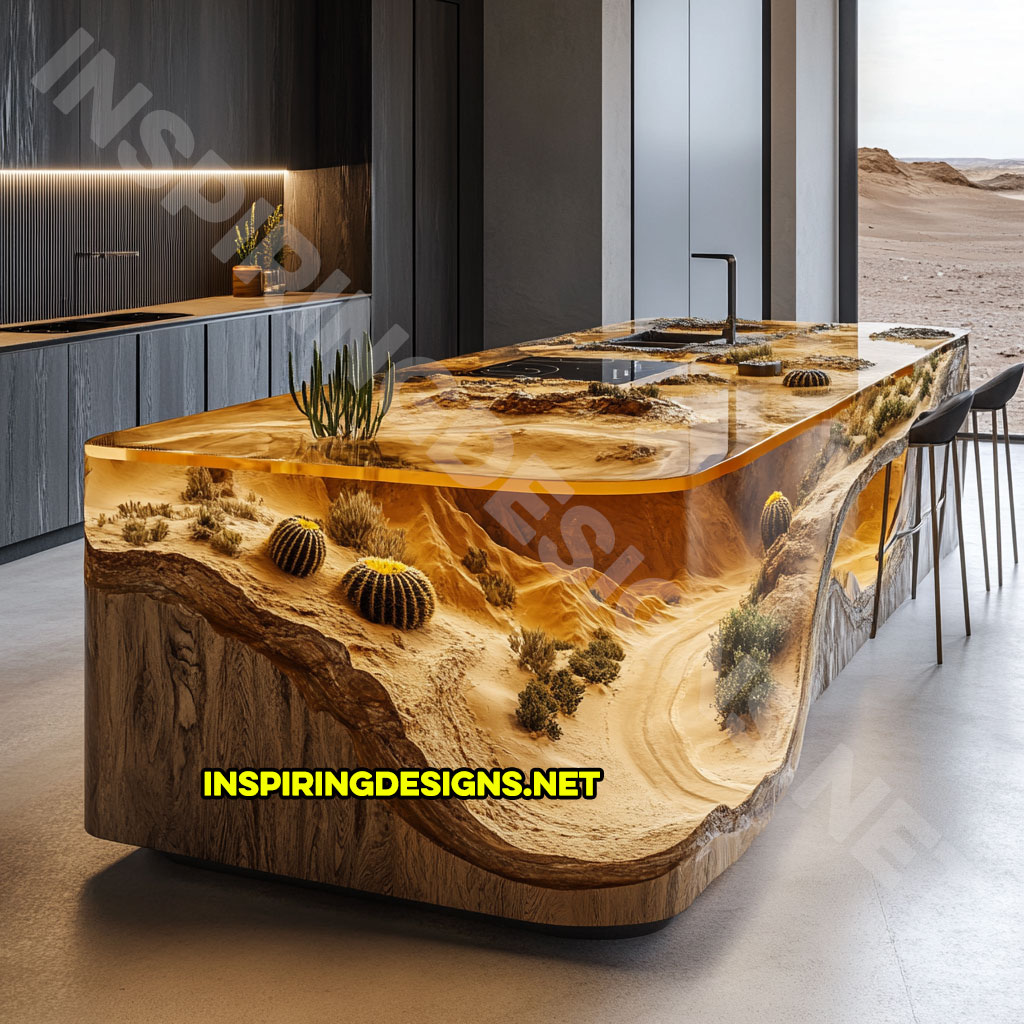 epoxy nature scene kitchen island with a desert 