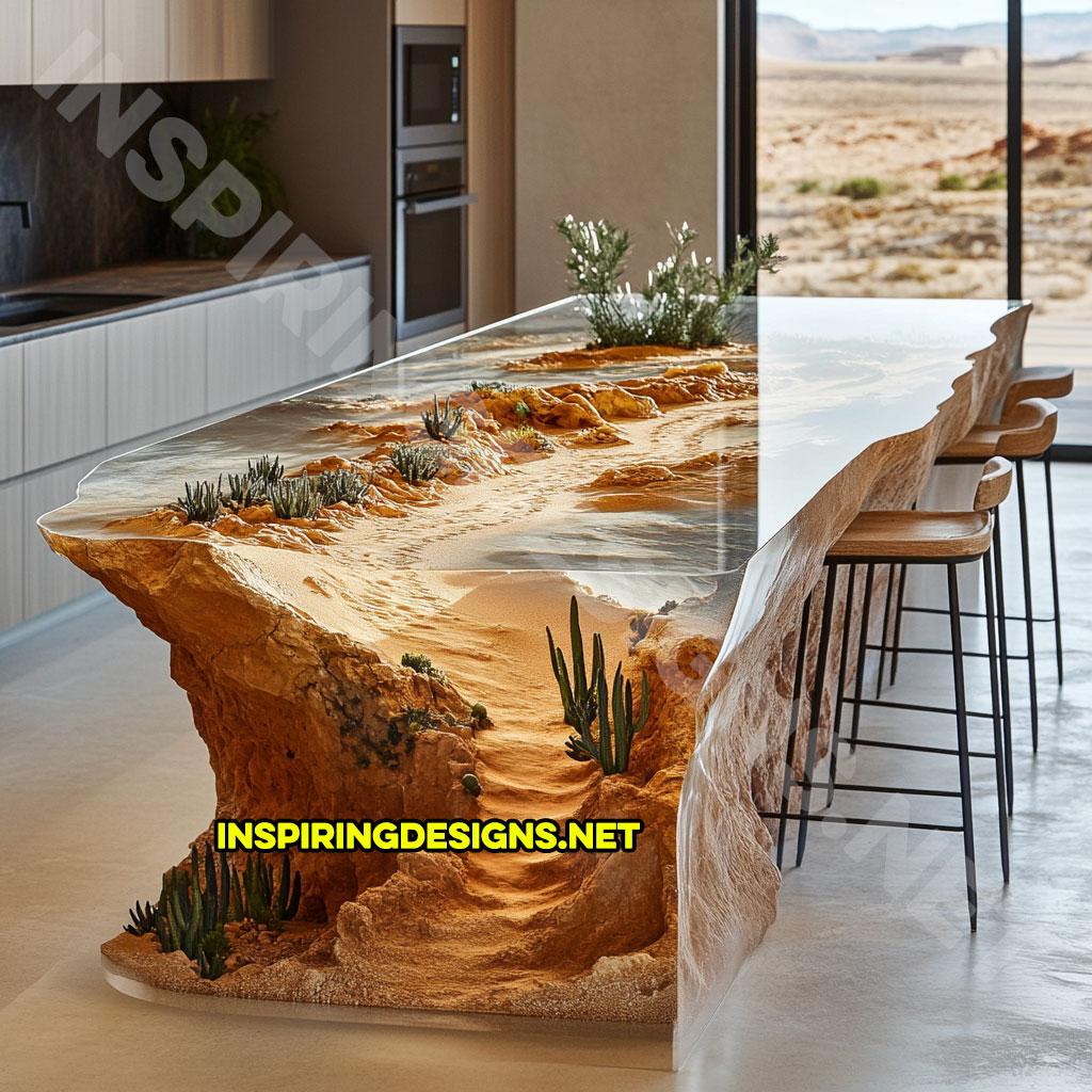 epoxy nature scene kitchen island with a desert