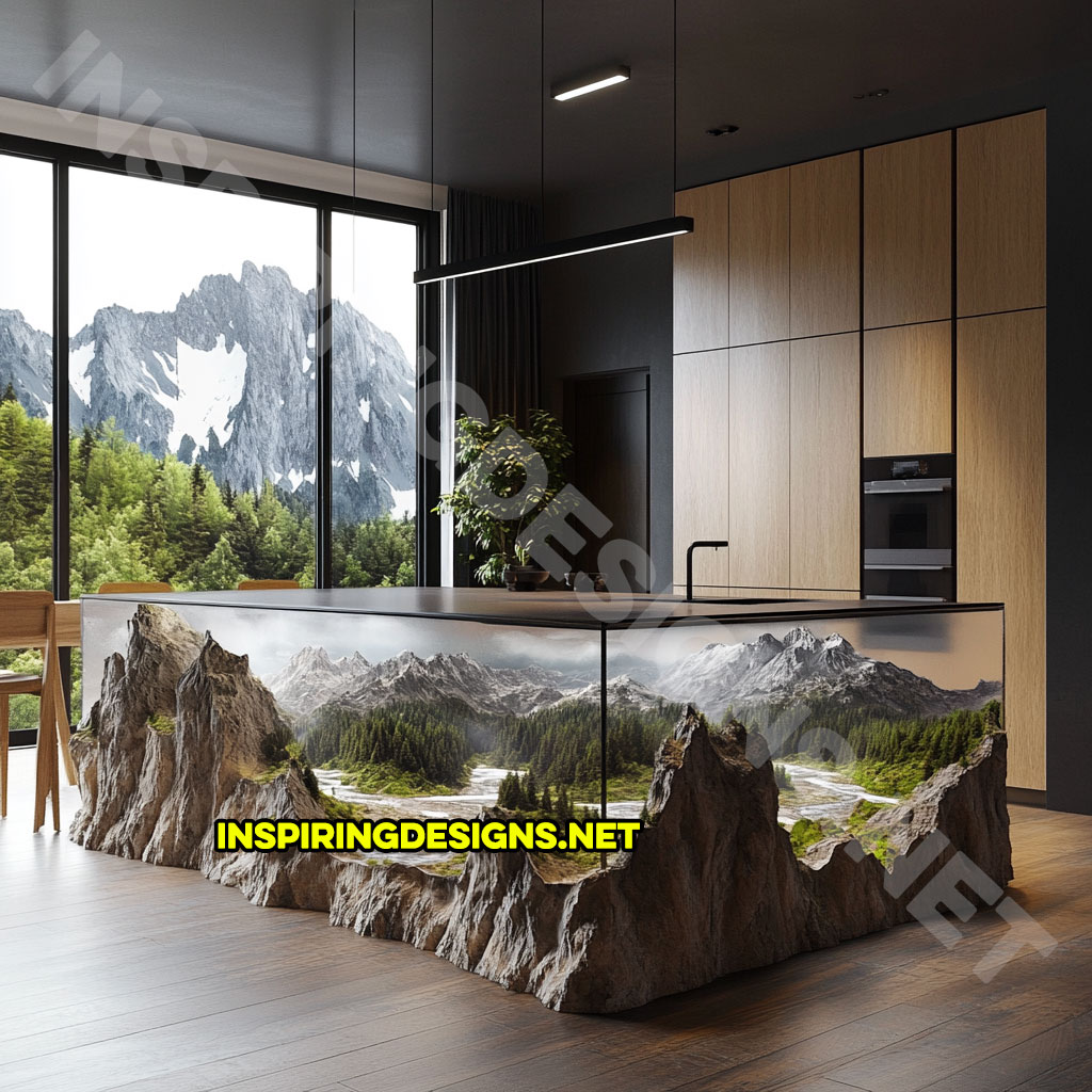 epoxy nature scene kitchen island with a mountain range