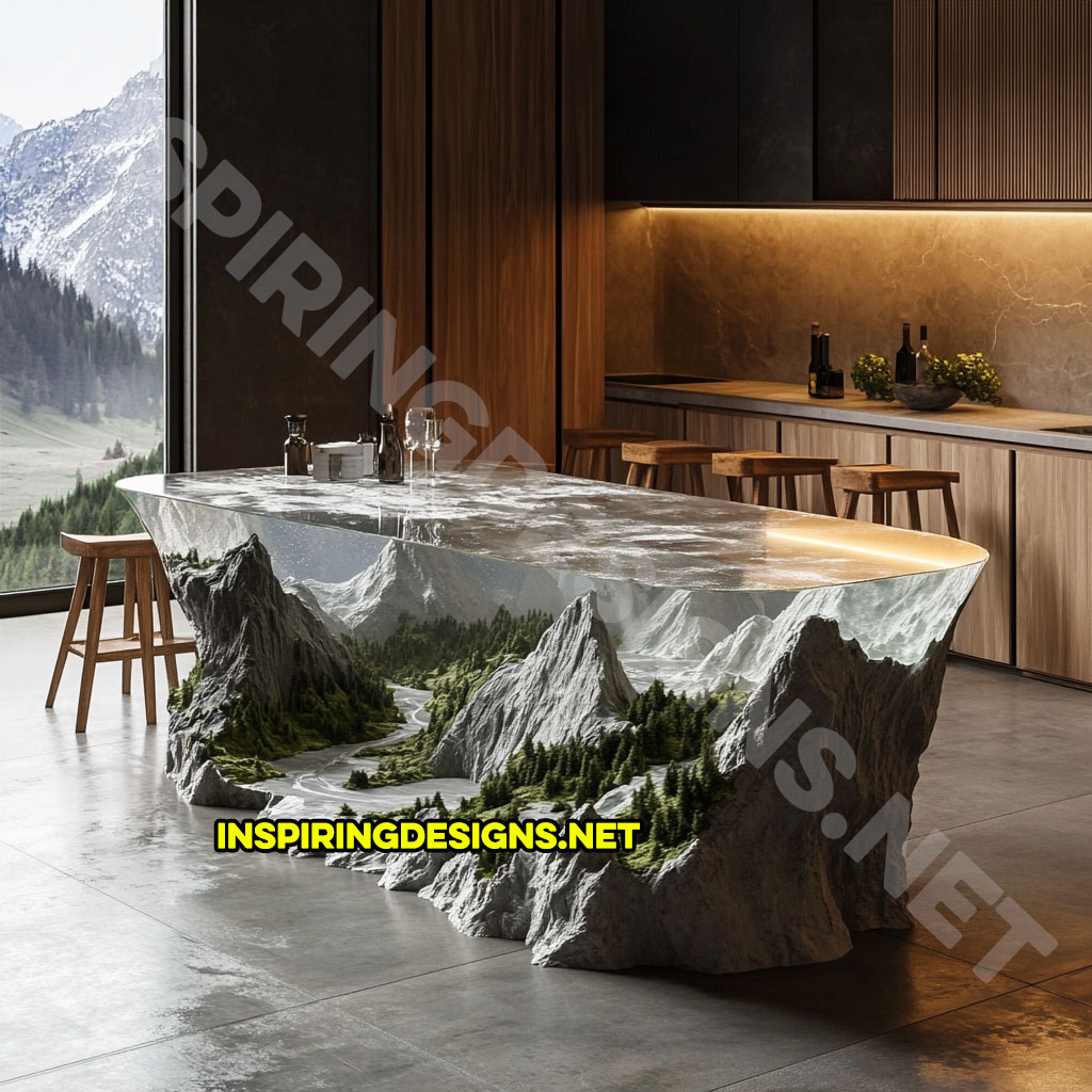 epoxy nature scene kitchen island with a mountain range