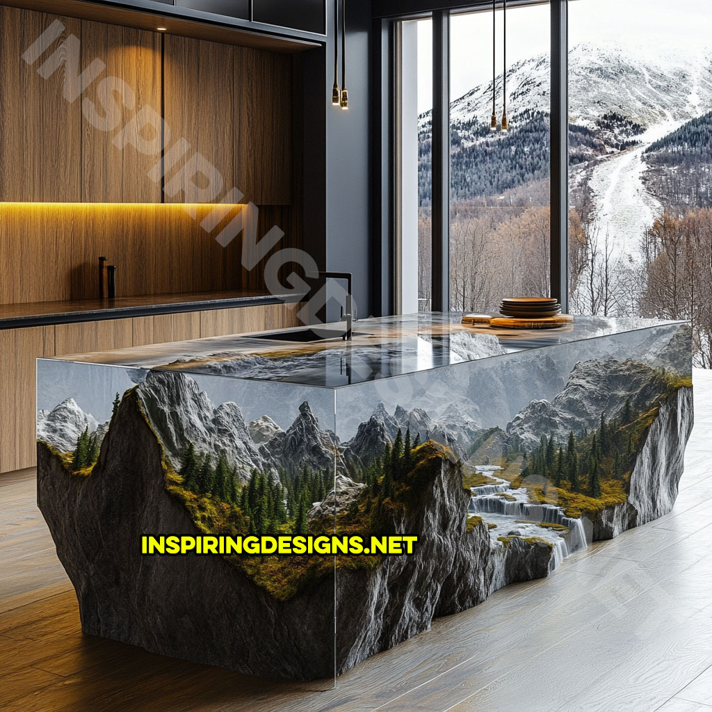 epoxy nature scene kitchen island with a mountain range