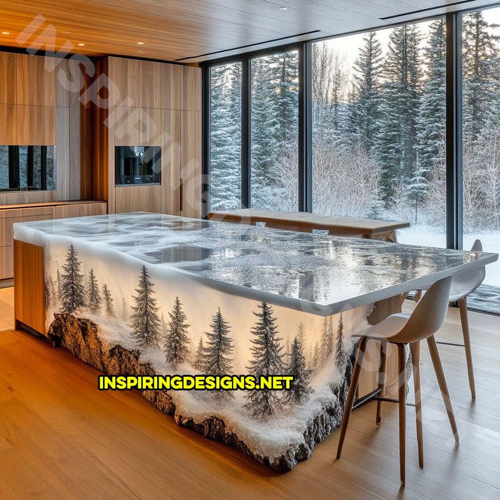 epoxy nature scene kitchen island with a wintery forest