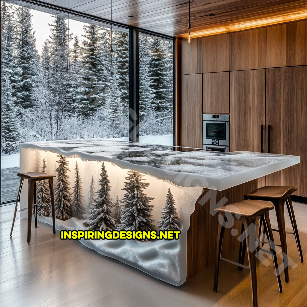 epoxy nature scene kitchen island with a wintery forest 