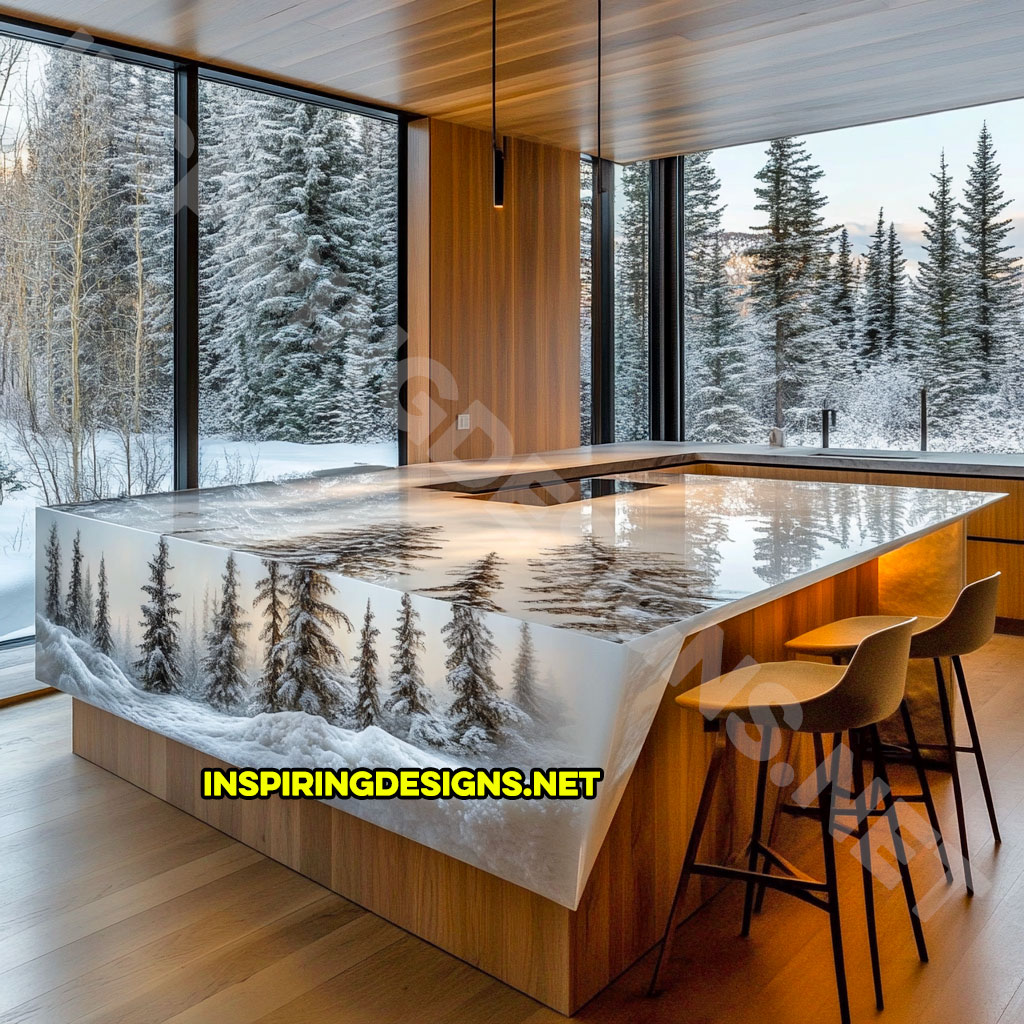 epoxy nature scene kitchen island with a wintery forest