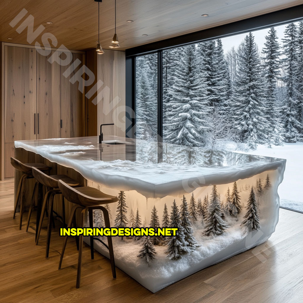 epoxy nature scene kitchen island with a wintery forest